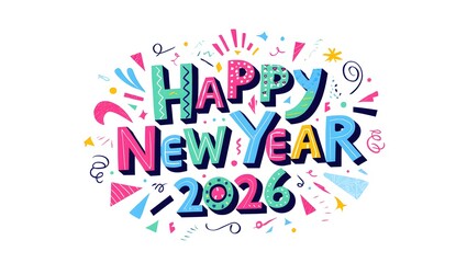 Happy New Year 2026!  Colorful, playful, hand-drawn lettering design; festive celebration graphic.