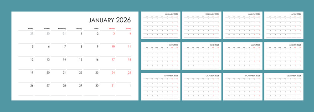 Planner calendar for 2026 english