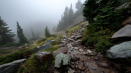 Misty Mountain Trail Through Foggy Forest