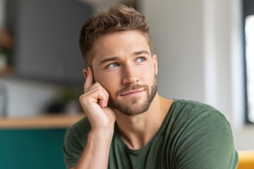 Fototapeta premium Thoughtful Young Man with Beard and Green T-shirt Sitting by Window Indoor.