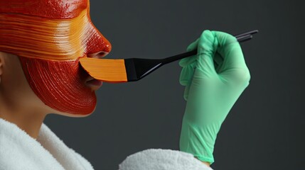 Woman Applying Red and Orange Facial Mask with Paintbrush