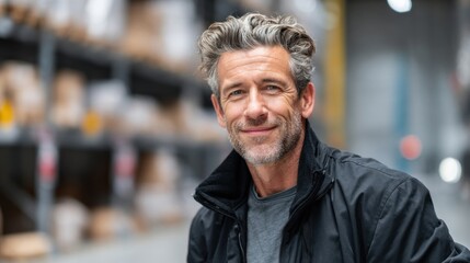 Fototapeta premium Smiling middle-aged man with gray hair and beard in casual jacket in urban shopping district.