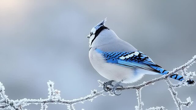 Blue jay perched on frosted branch
