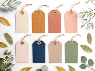A collection of colorful paper tags with natural foliage, perfect for adding a personal touch to gifts and crafts isolated on white background