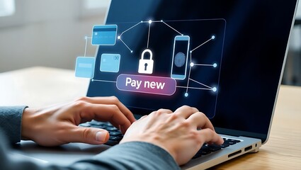 Secured Online Payment Processing Close-up of Hands Interacting with Laptop Display, Technology Concept