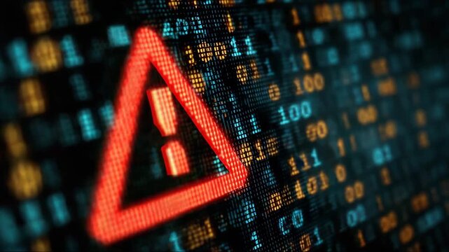 Warning symbol on digital screen with binary code background   - Powered by Adobe