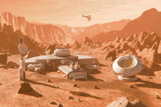Mars base settlement with advanced structures and spacecraft