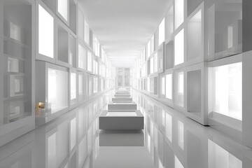 White Interior Hallway With Square Displays