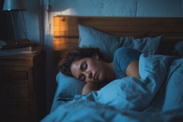 Peaceful woman sleeping resting in cozy bedroom with soft lighting and blue bedding.