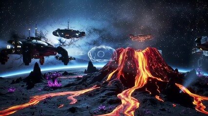 Surreal Cosmic Landscape Featuring Futuristic Spaceships and Erupting Volcano with Flowing Lava in Starry Universe - Powered by Adobe
