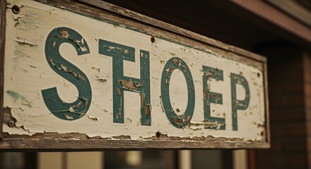 Obraz premium A weathered sign reads SHOEP in green letters with peeling paint a worn wooden frame evokes a sense of age disrepair