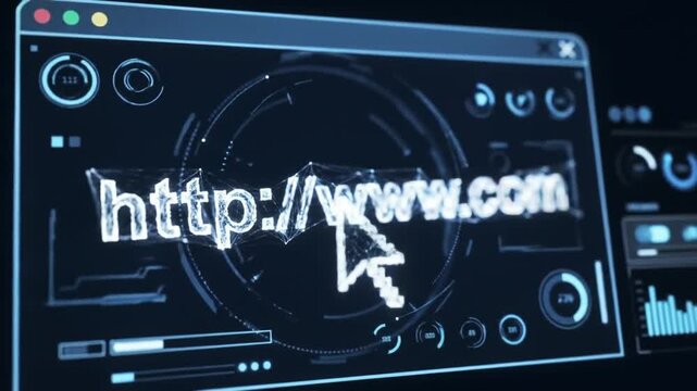 Close-up of futuristic computer screen displaying website URL http www com with animation