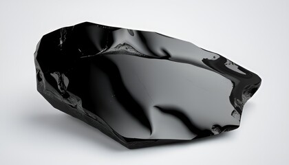 A glossy black obsidian shard with sharp edges and a mirrorlike