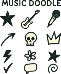 Hand Drawn Music Themed Doodle Elements – Sketch Style Icons with Guitars, Notes, Lightning, and Symbols for Creative Design

