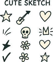 Cute Hand Drawn Sketch Icons – Music, Hearts, Stars, and Flowers in Doodle Style for Playful, Fun, and Educational Visual Projects

