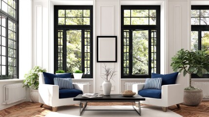 Fototapeta premium Modern, bright living room with large windows