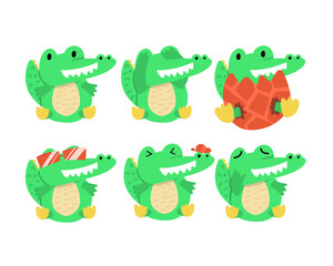 Funny cartoon frog character set with cute green amphibians in various expressions