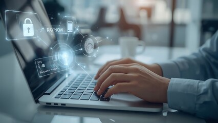 A high-quality closeup of a professional typing on a laptop, managing cybersecurity with a glowing digital interface showing a lock for data protection.