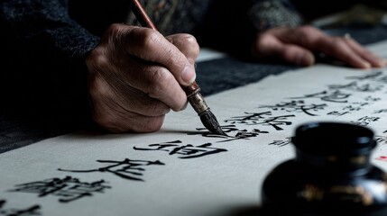 Naklejka premium Elderly hands writing calligraphy