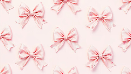 Pattern of chiffon bows with floral prints on a baby pink background. Simple bow vector.