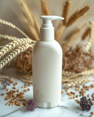 Elegant white cosmetic bottle on marble with pastel pink background and dried floral decor