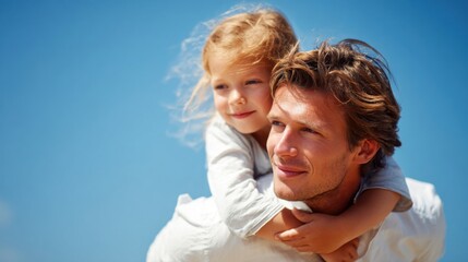 Obraz premium Happy father and daughter enjoying outdoor sunny day with blue sky background.