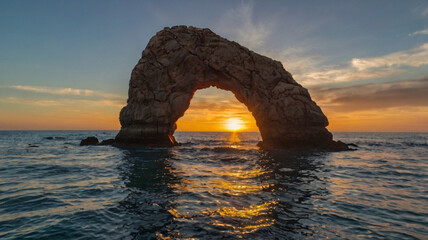 Sunset Through Rock Arch at Ocean