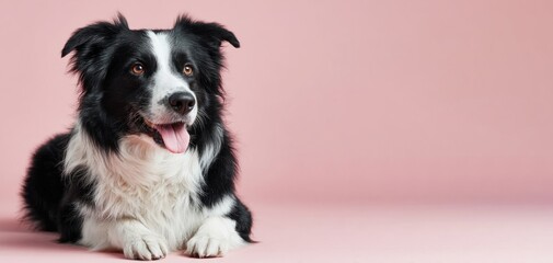 Fototapeta premium Border collie dog lying on pink background and panting