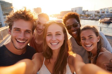 Fototapeta premium Happy diverse group of friends taking selfie outdoors near water during sunset.
