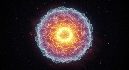 Abstract glowing cell with intricate surface texture in cosmic darkness visualisation