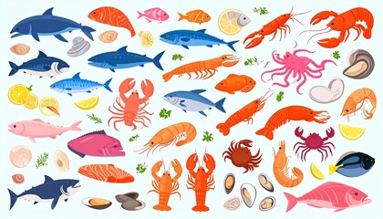 Fototapeta premium vector illustration of fresh sea food set collection