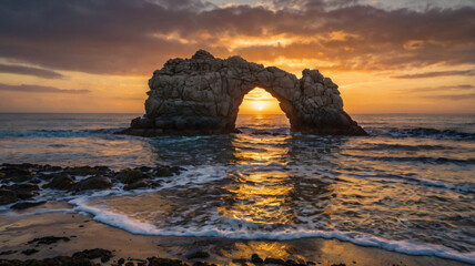 Sunset Through Rock Arch at Ocean