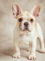 Fototapeta premium Adorable french bulldog puppy standing on light brown background