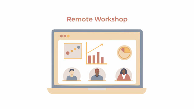 Illustration of a laptop screen displaying charts, graphs, and three people in a virtual meeting setup