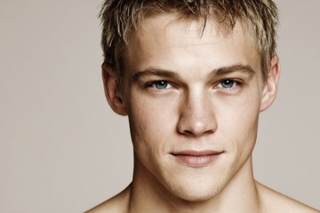 Obraz premium Close up portrait of a young adult man with short blond hair and blue eyes facing camera.