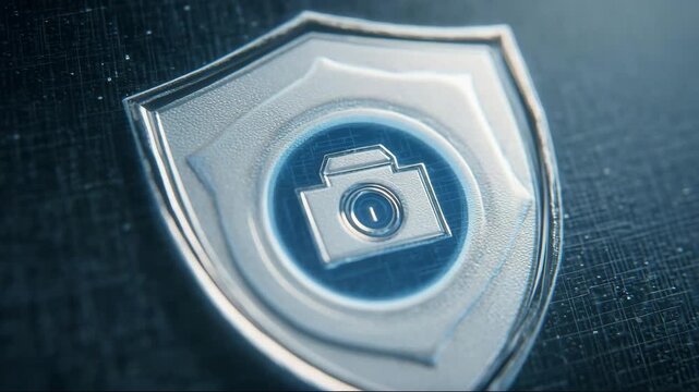 Security shield icon with camera symbol on textured background  