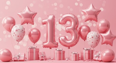 Pink balloon arrangement for 13th birthday celebration with gifts and stars