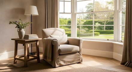 modern living room with sofa and a table ,a lamp on it, room with a window, sunny view