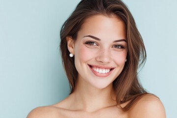 Close-up portrait of a cheerful young woman with brown hair smiling against pastel background.