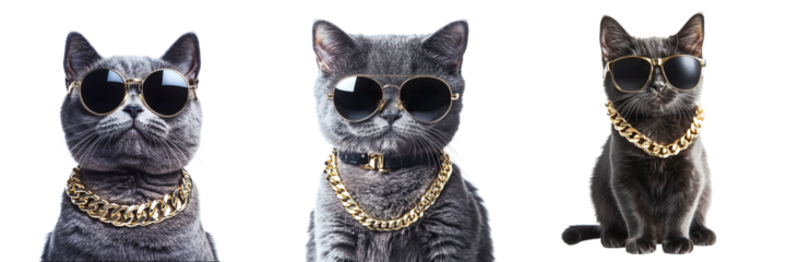 Set of cool cats in glasses with a gold chain isolated on transparent background PNG