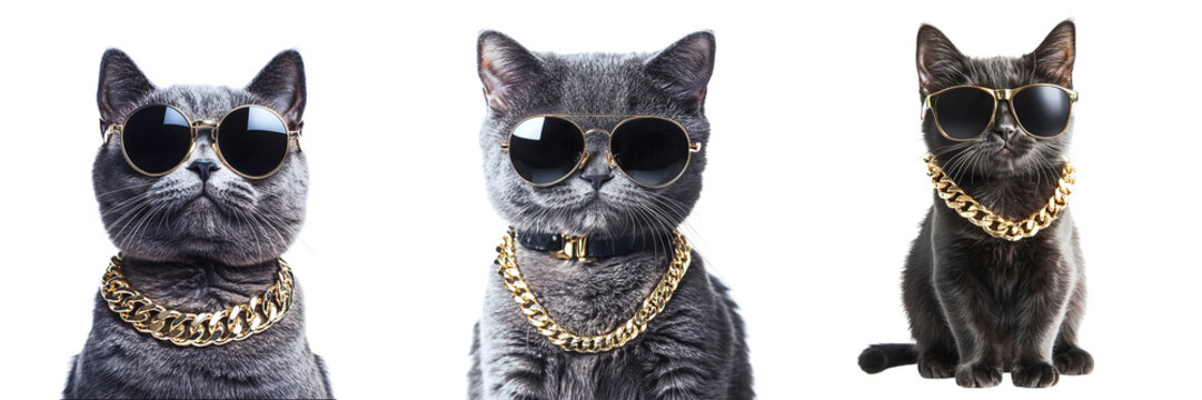 Set of cool cats in glasses with a gold chain isolated on transparent background PNG
