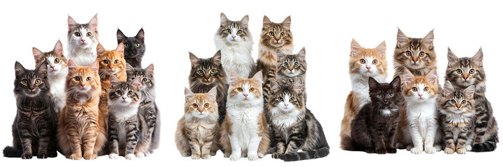 Set of cats of different breeds sitting together isolated on transparent background PNG