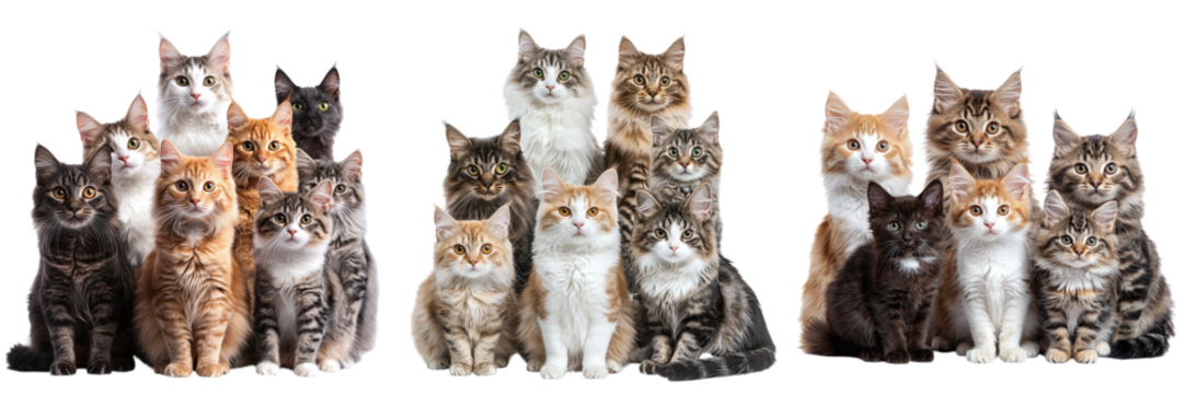 Set of cats of different breeds sitting together isolated on transparent background PNG