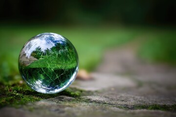 Crystal sphere reflecting a landscape