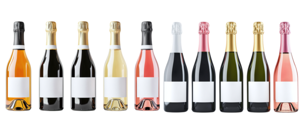 Set of different champagne bottles with white label mockup isolated on transparent background PNG