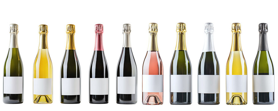 Set of different champagne bottles with white label mockup isolated on transparent background PNG