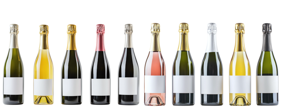 Set of different champagne bottles with white label mockup isolated on transparent background PNG