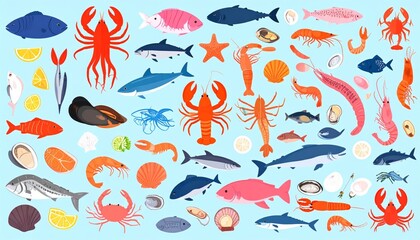 vector illustration of fresh sea food set collection