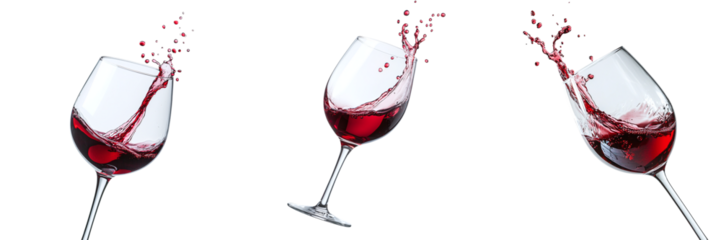 Set of wine glasses with splash of wine isolated on transparent background PNG