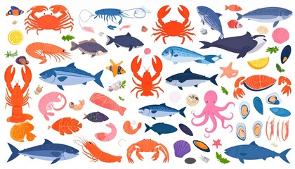 Obraz premium vector illustration of fresh sea food set collection